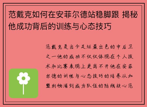 范戴克如何在安菲尔德站稳脚跟 揭秘他成功背后的训练与心态技巧