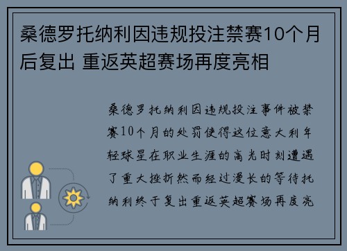 桑德罗托纳利因违规投注禁赛10个月后复出 重返英超赛场再度亮相