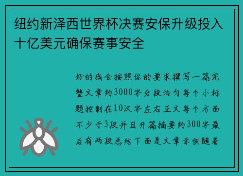 纽约新泽西世界杯决赛安保升级投入十亿美元确保赛事安全