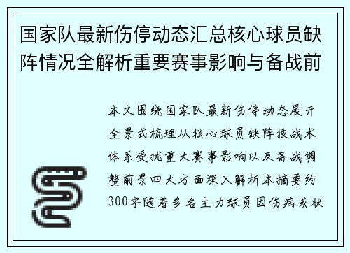 国家队最新伤停动态汇总核心球员缺阵情况全解析重要赛事影响与备战前景